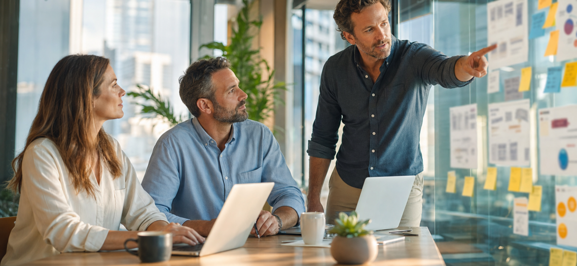 B2B service firm team reviewing buyer journey and AI search visibility strategy
