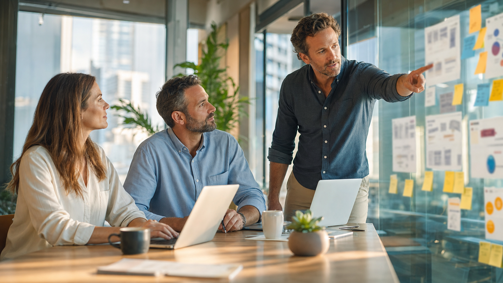 B2B service firm team reviewing buyer journey and AI search visibility strategy