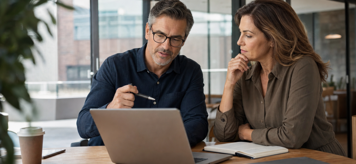 Consultant and small business owner reviewing AI search visibility strategy