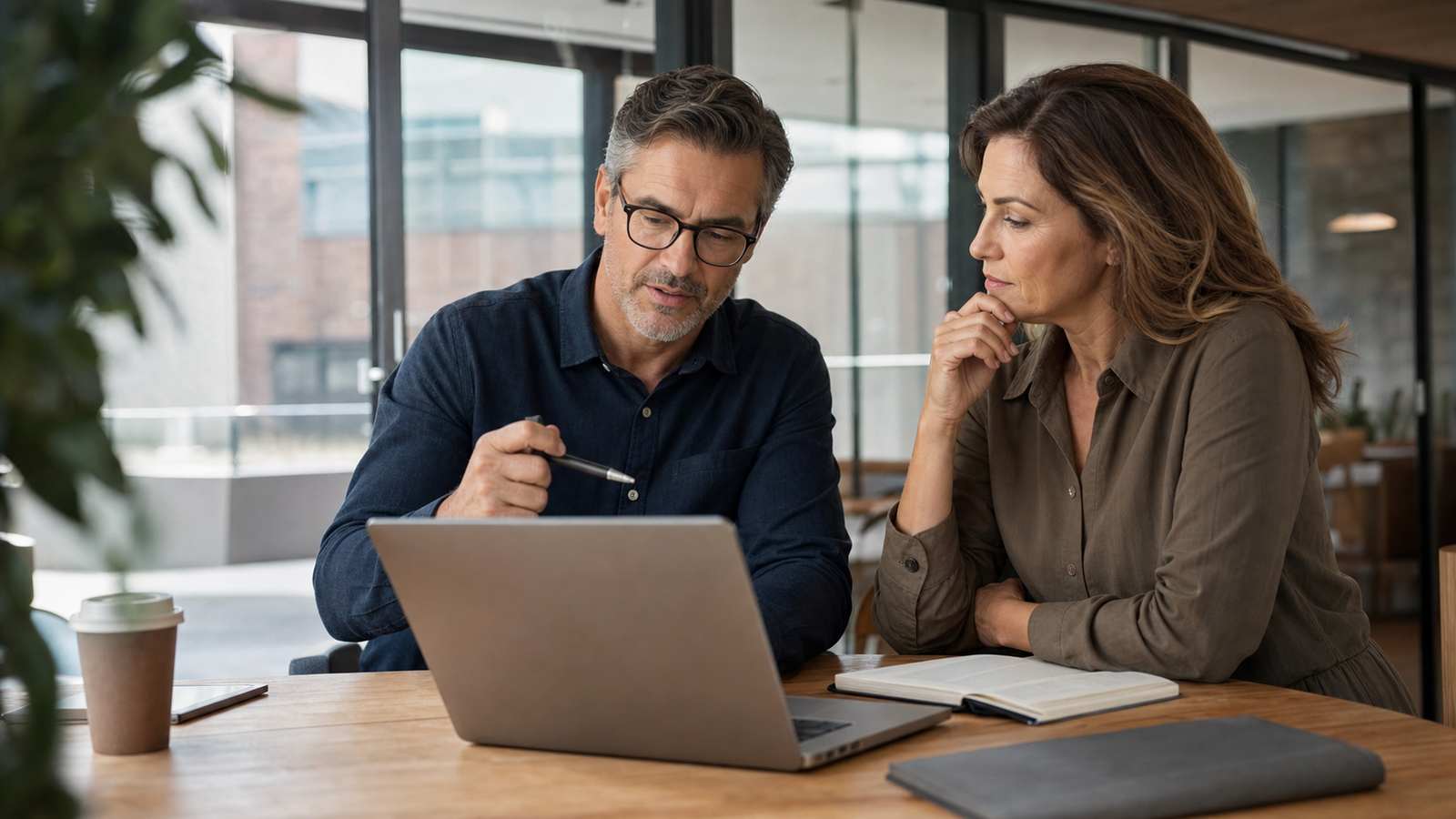 Consultant and small business owner reviewing AI search visibility strategy