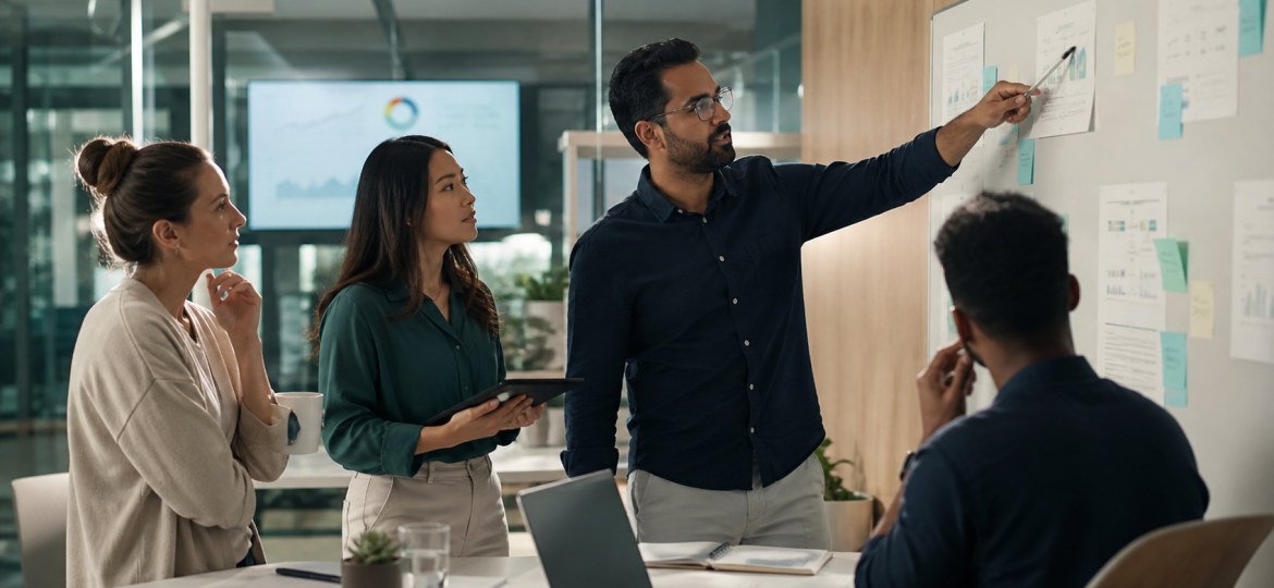 SaaS startup team reviewing product positioning for AI search visibility in a modern workspace