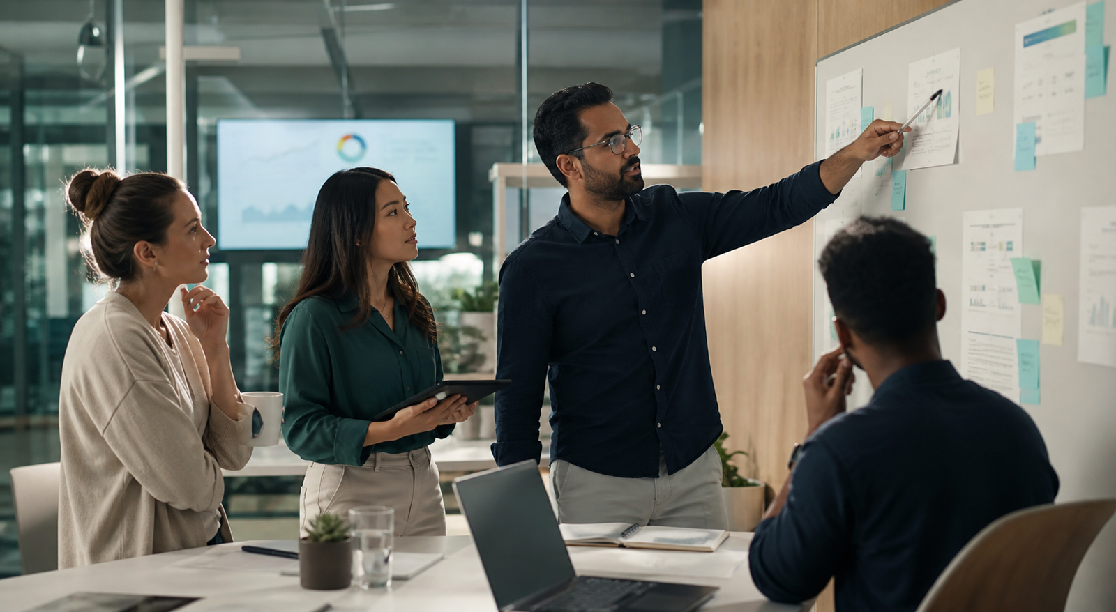 SaaS startup team reviewing product positioning for AI search visibility in a modern workspace