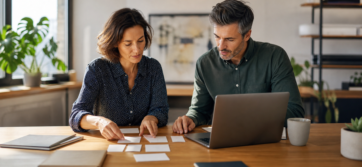 Small business owner and advisor organizing AI search visibility concepts on a table