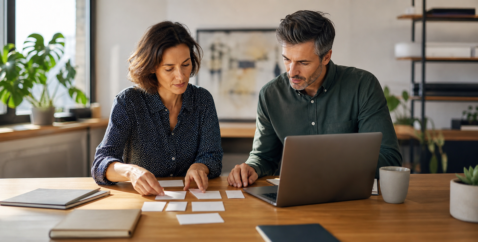 Small business owner and advisor organizing AI search visibility concepts on a table