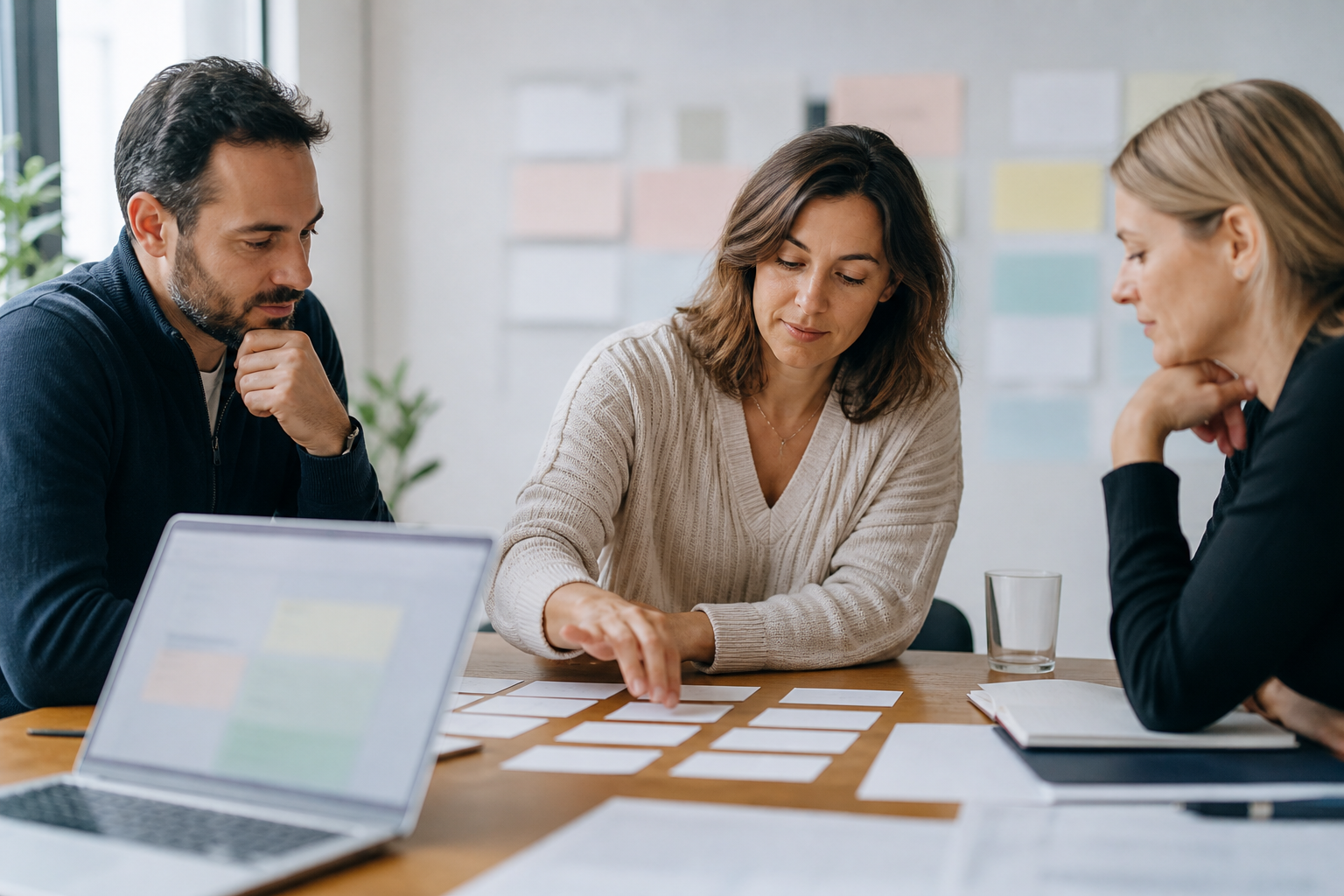 Small business team arranging blank cards into a clear answer structure during a workshop