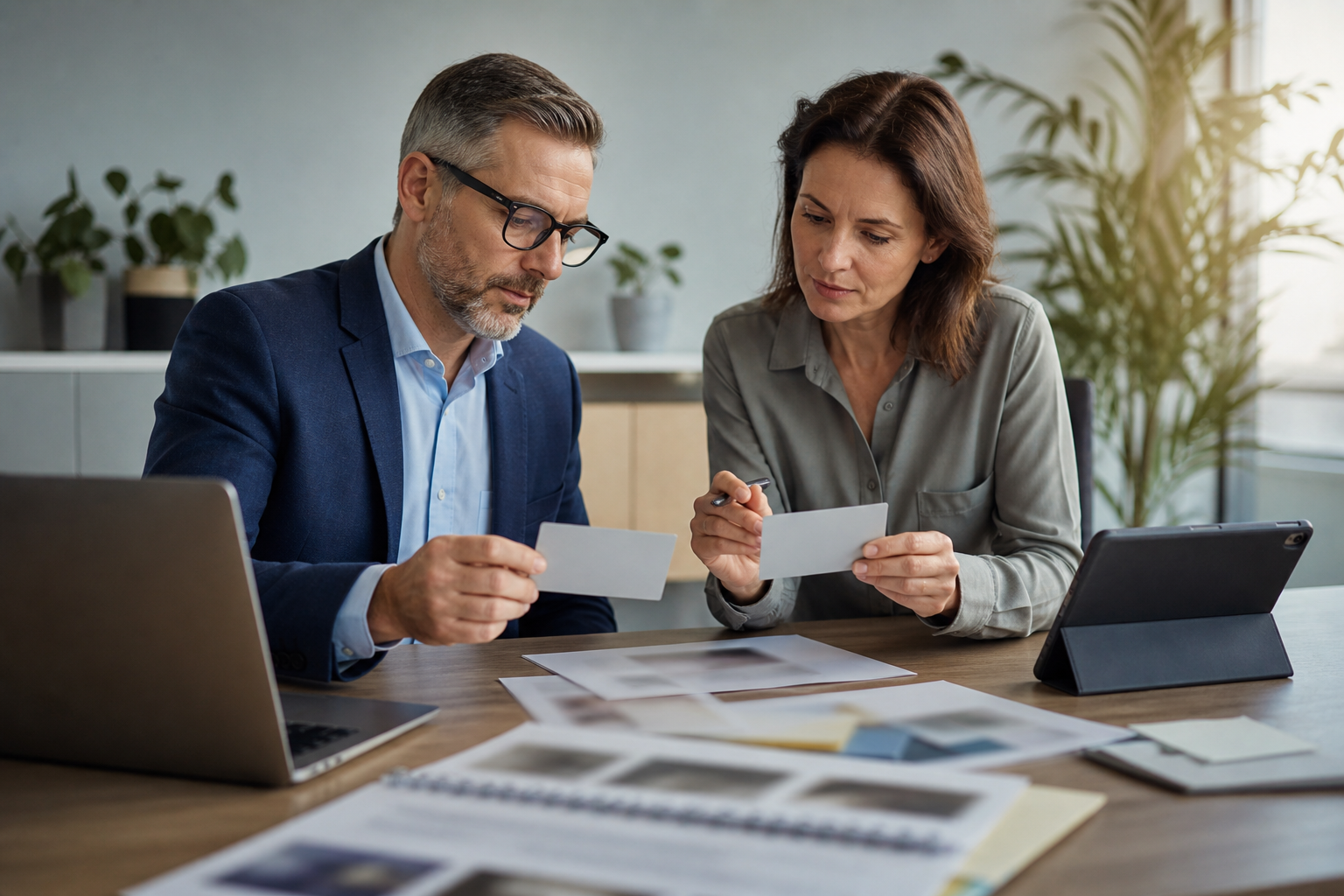 Business owner and advisor reviewing source quality and brand mention consistency with unreadable materials
