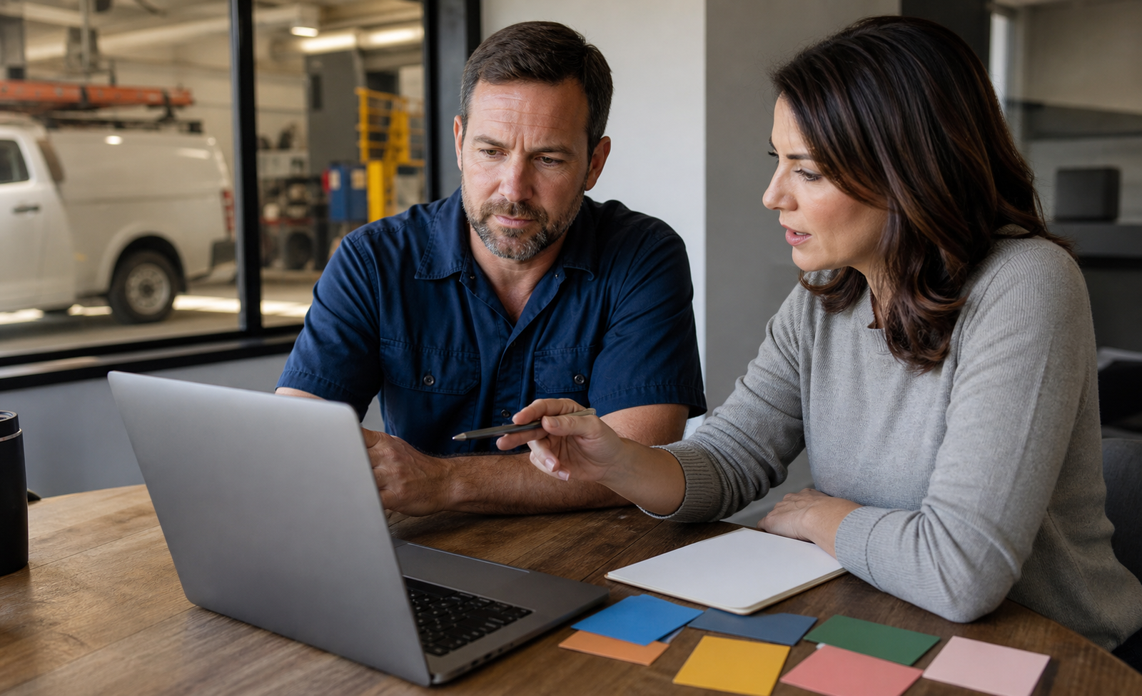 Local service business owner and advisor reviewing website visibility priorities in a practical office