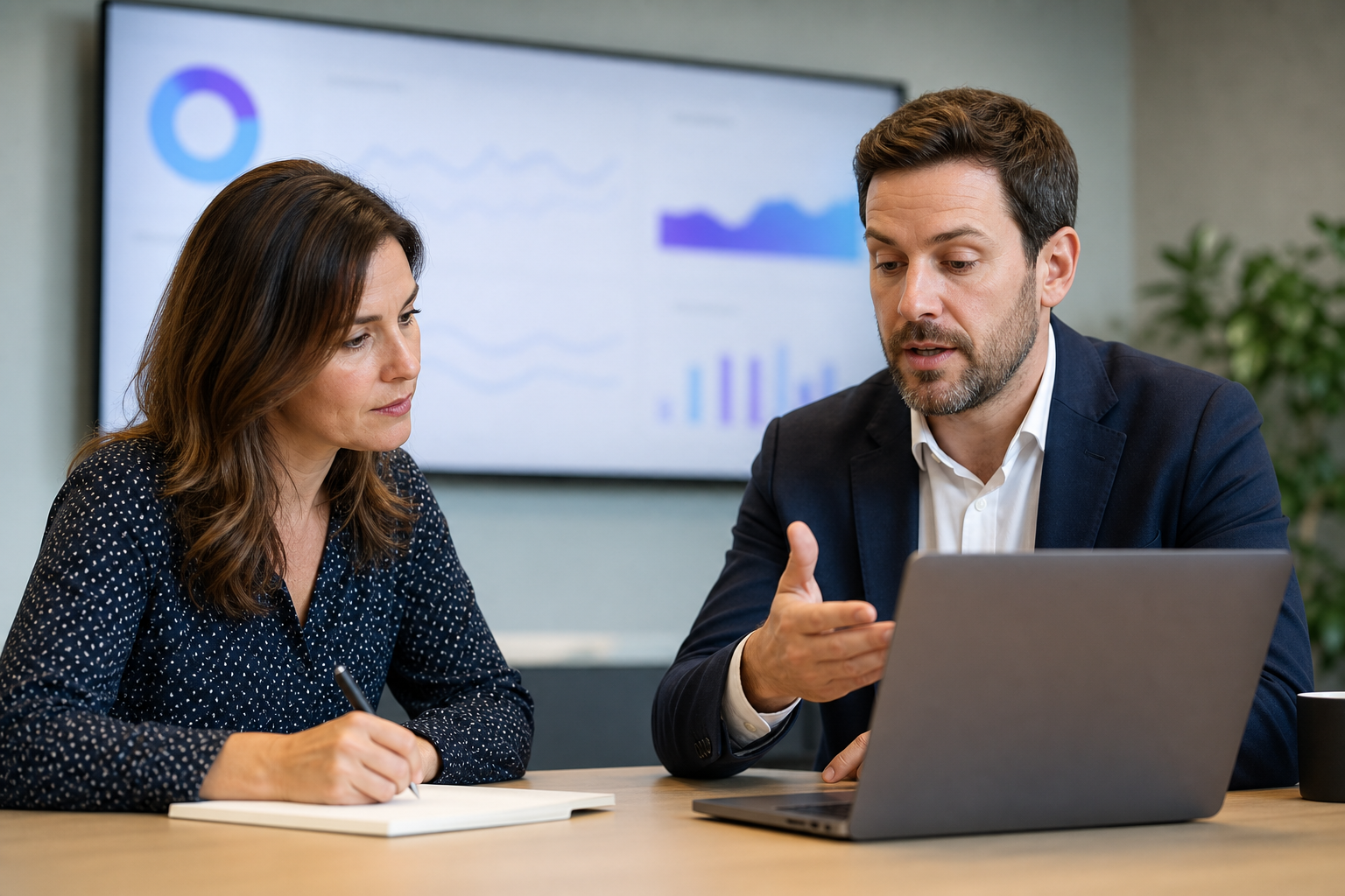 Small business owner and advisor reviewing blurred search visibility measurement trends