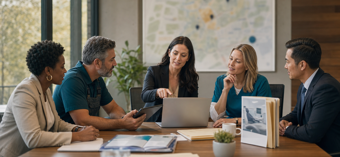 Local service business owners and consultant reviewing AI search visibility strategy