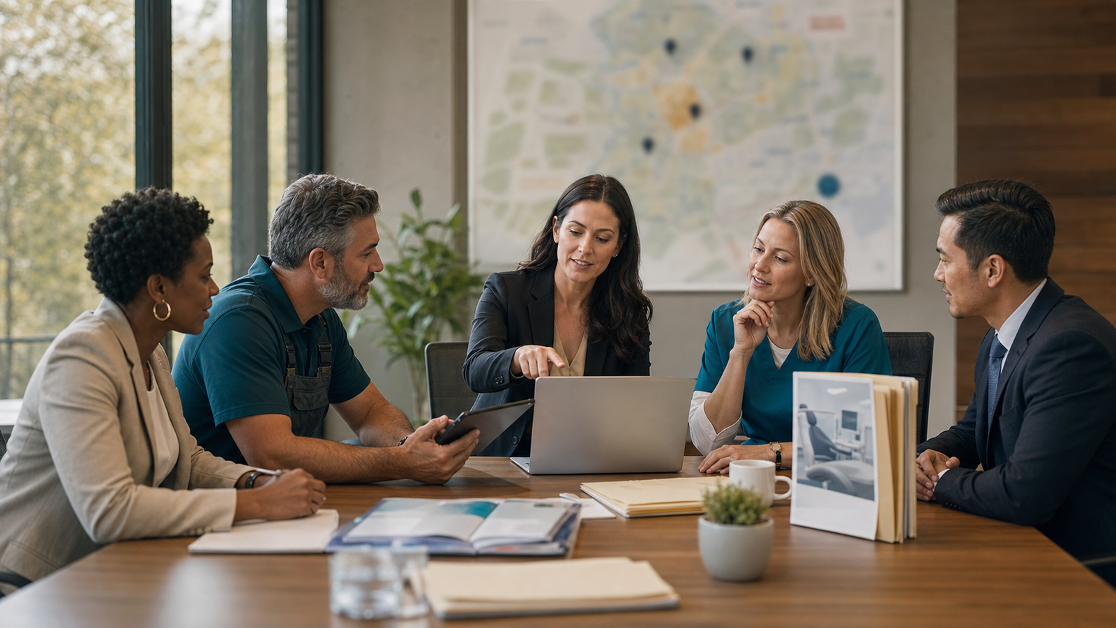 Local service business owners and consultant reviewing AI search visibility strategy