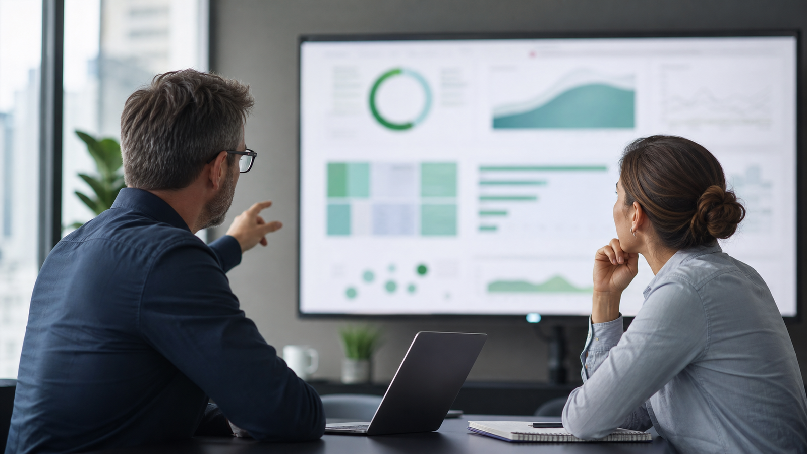 Small business owner and advisor reviewing AI search visibility measurement results