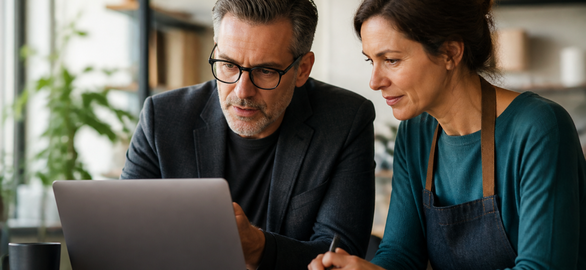 Small business owner and advisor reviewing GEO readiness and AI search visibility on a laptop