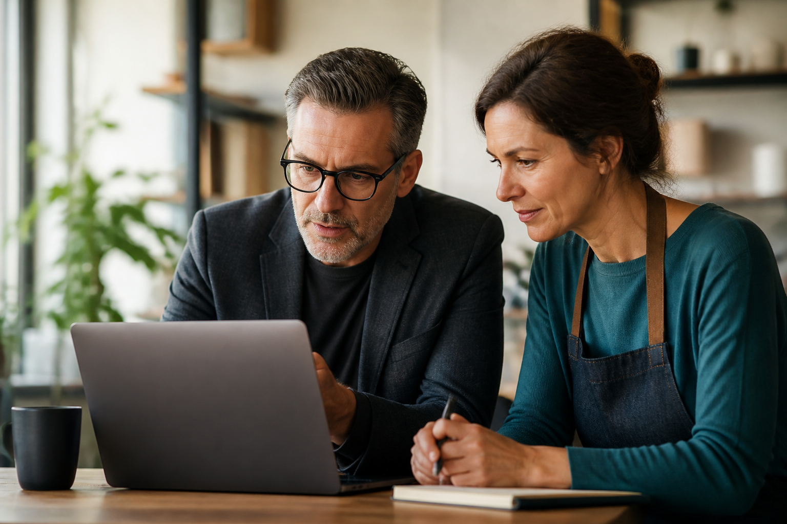 Small business owner and advisor reviewing GEO readiness and AI search visibility on a laptop