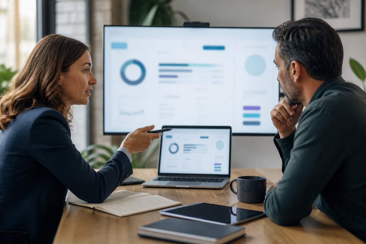 Small business owner and advisor reviewing GEO readiness score and AI search visibility measurement