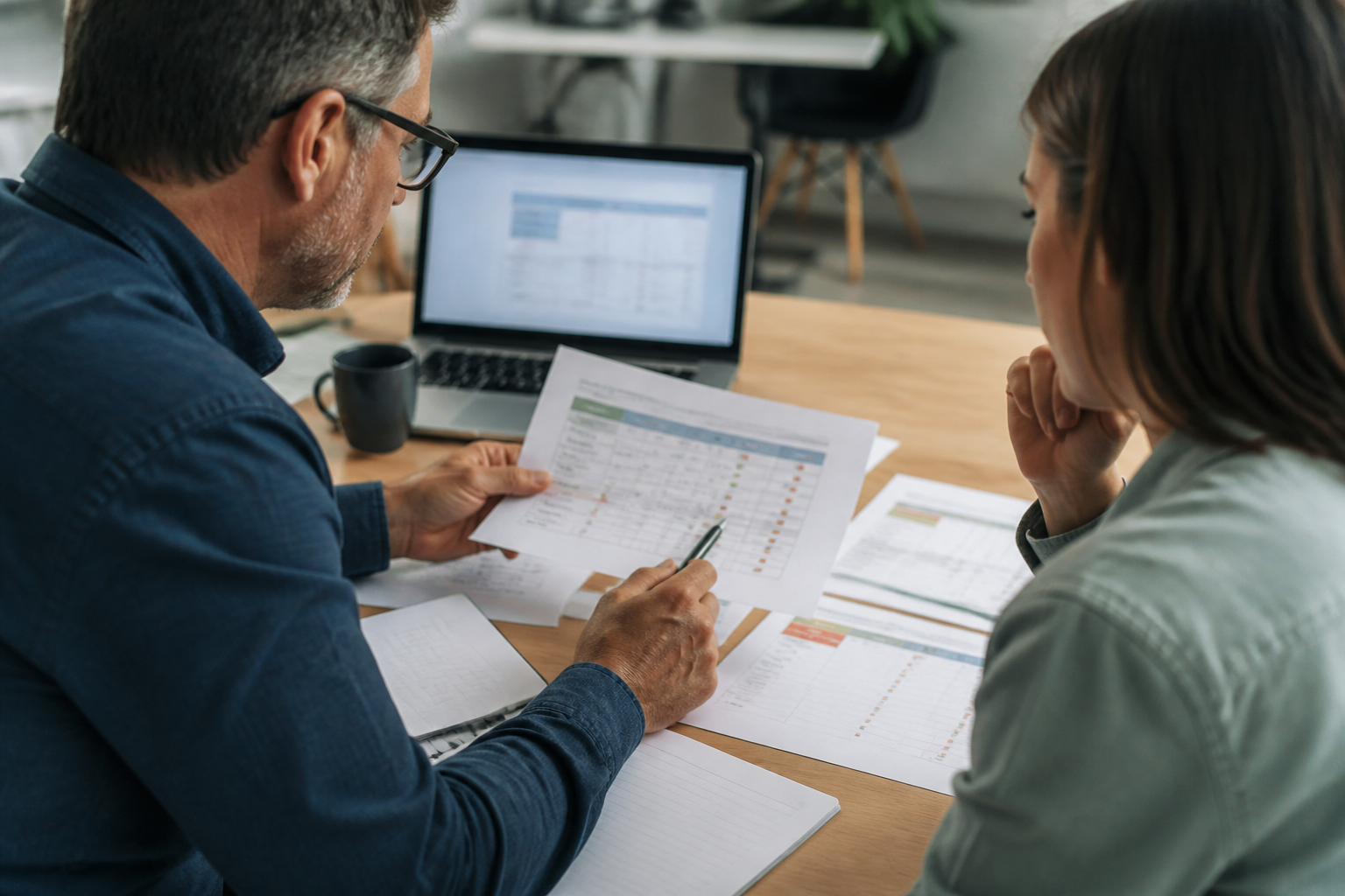 Small business owner and advisor reviewing a GEO services scorecard