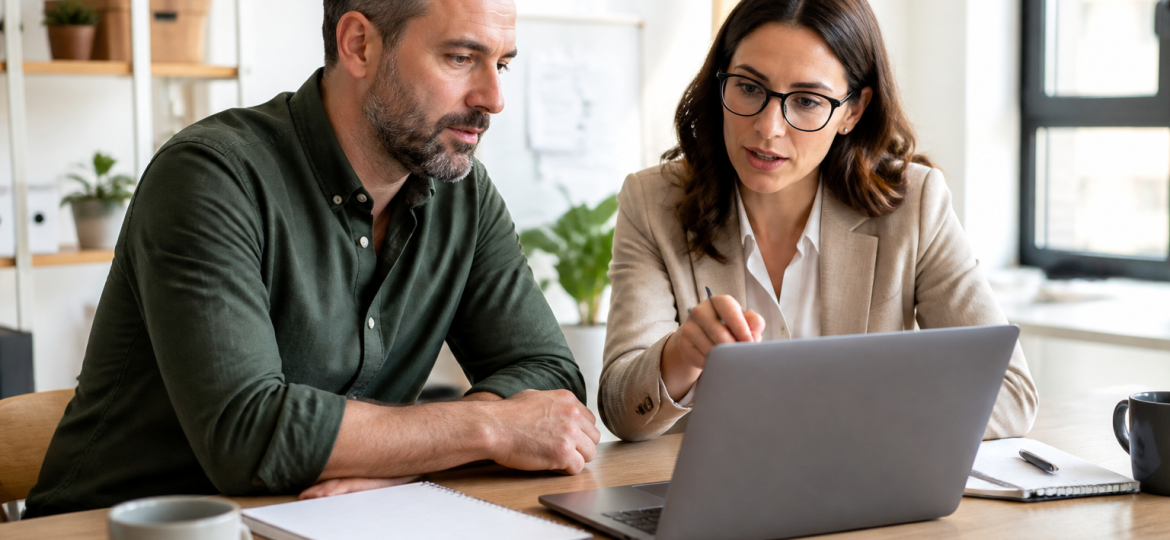 Small business owner and advisor reviewing GEO services for an AI search visibility plan