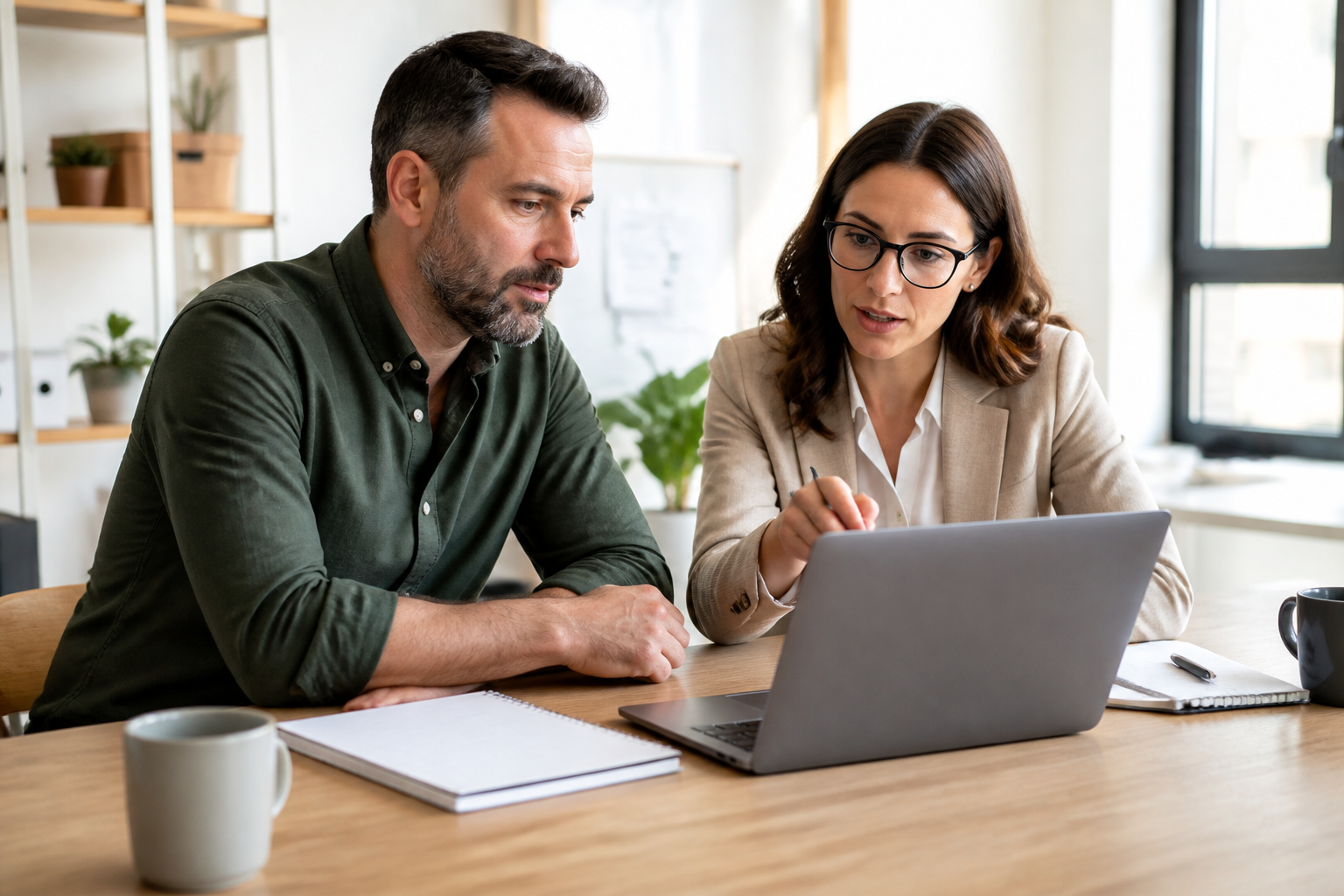 Small business owner and advisor reviewing GEO services for an AI search visibility plan