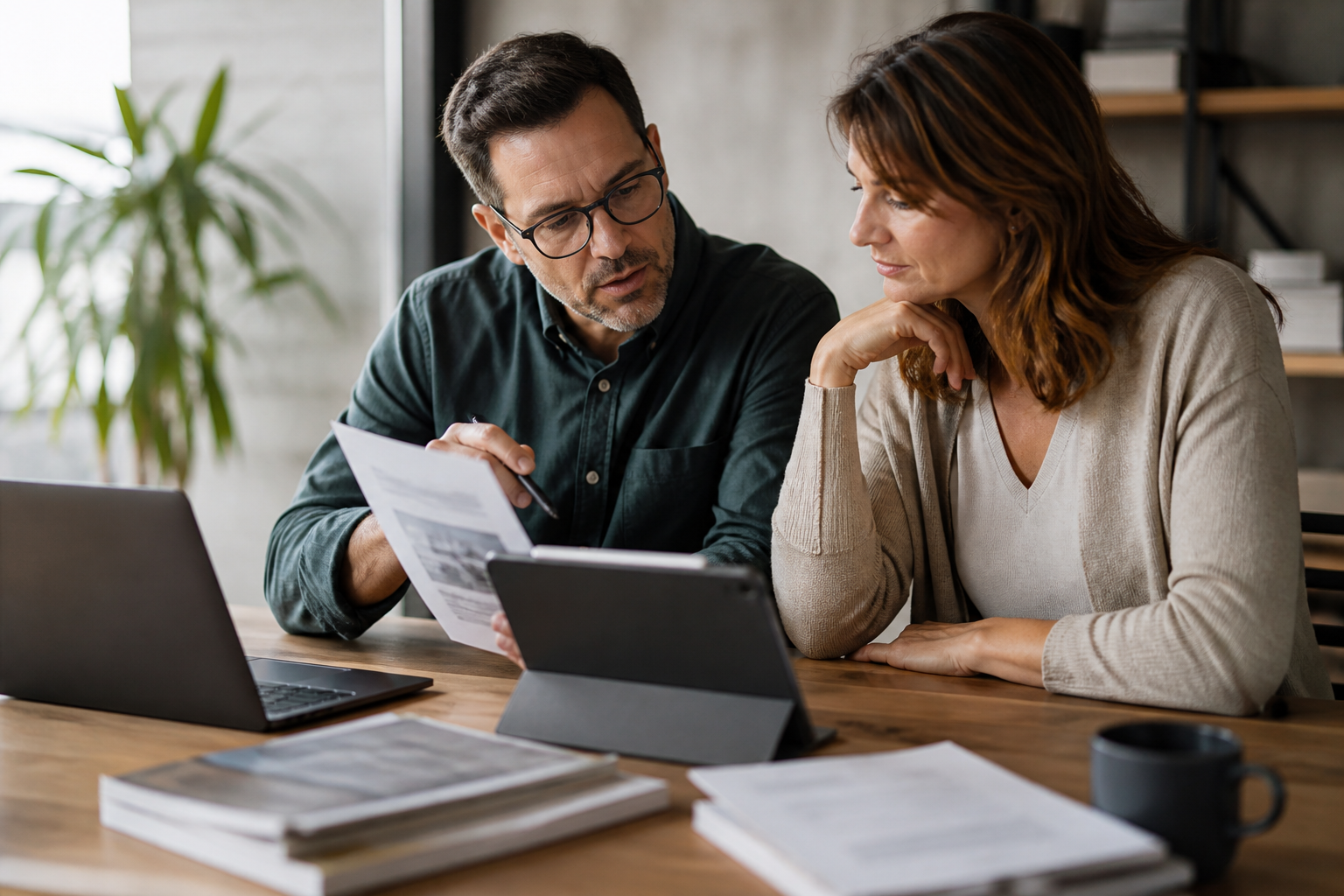 Small business owner and advisor reviewing source quality for AI search citation readiness