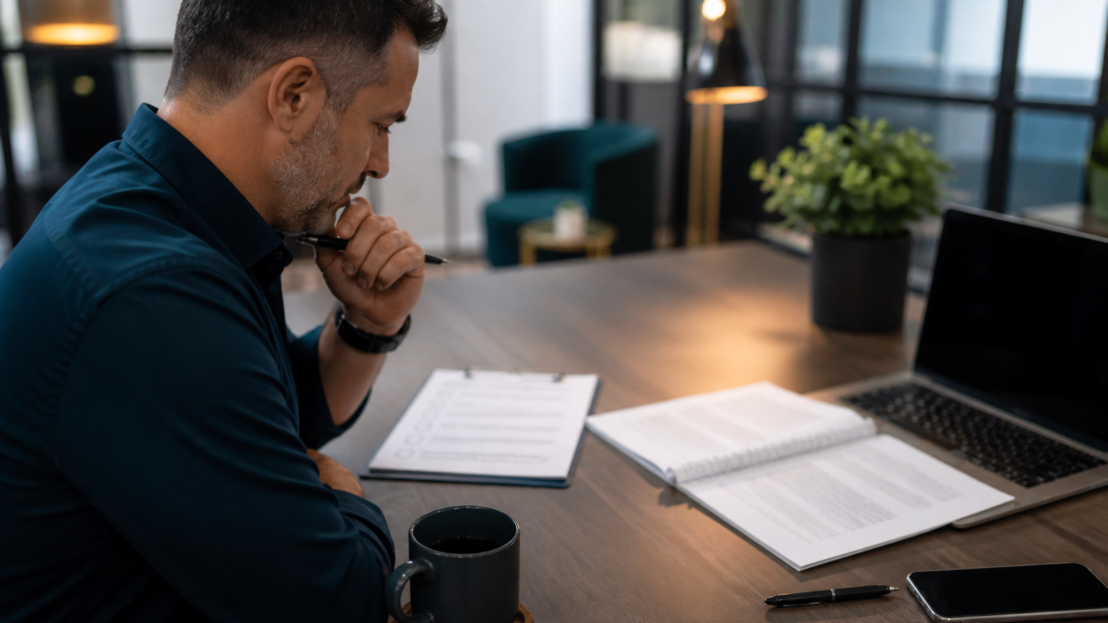 Small business owner carefully reviewing an AI search optimization proposal before signing