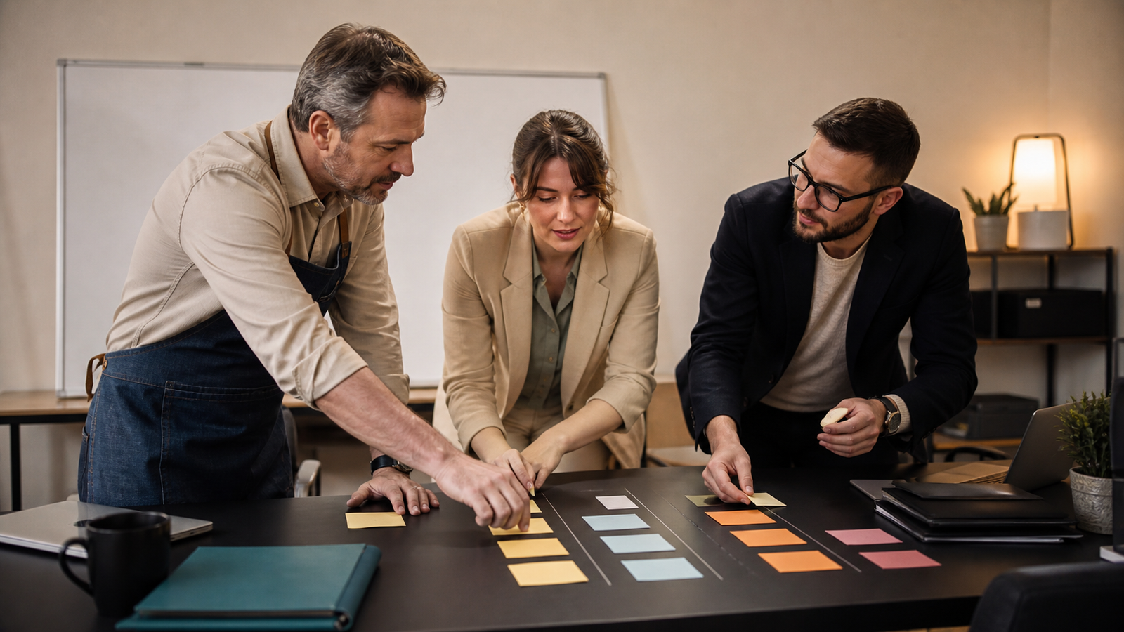 Small business team mapping simple AI governance rules for workflow automation