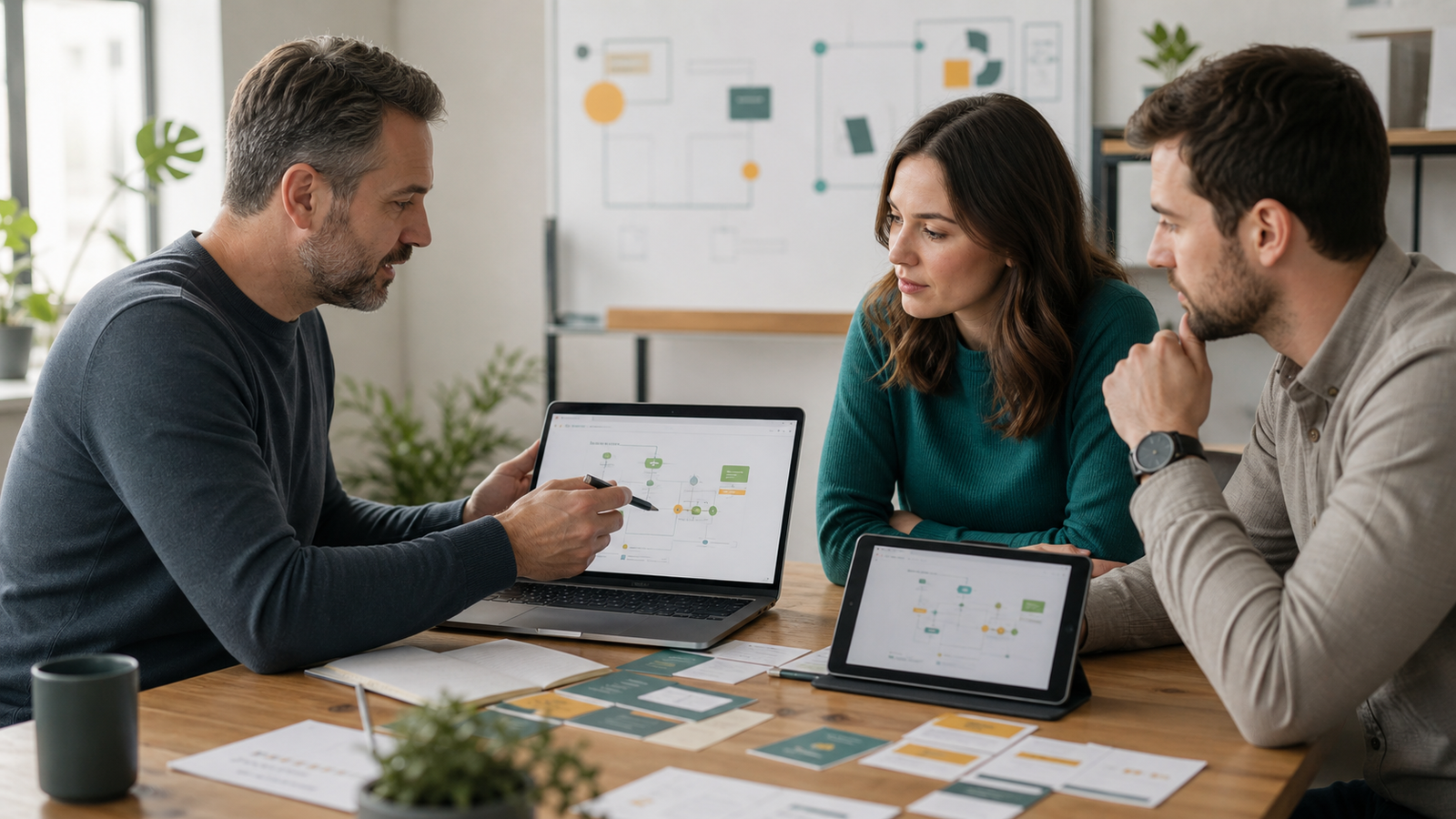 Automation specialist handing over AI workflow maintenance to an internal small business team with unreadable screens