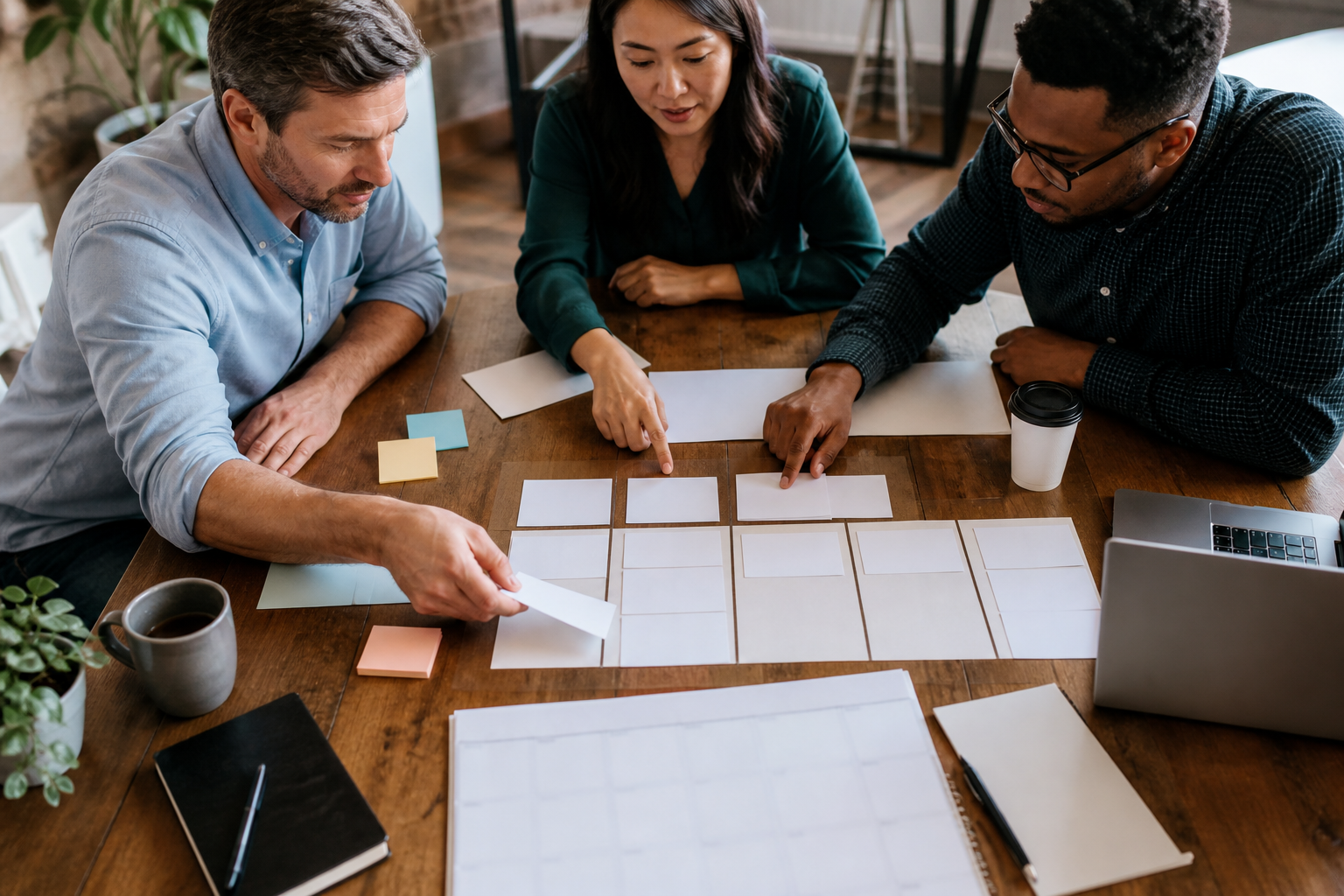 Small business team arranging blank cards into a short AI automation pilot and handoff plan