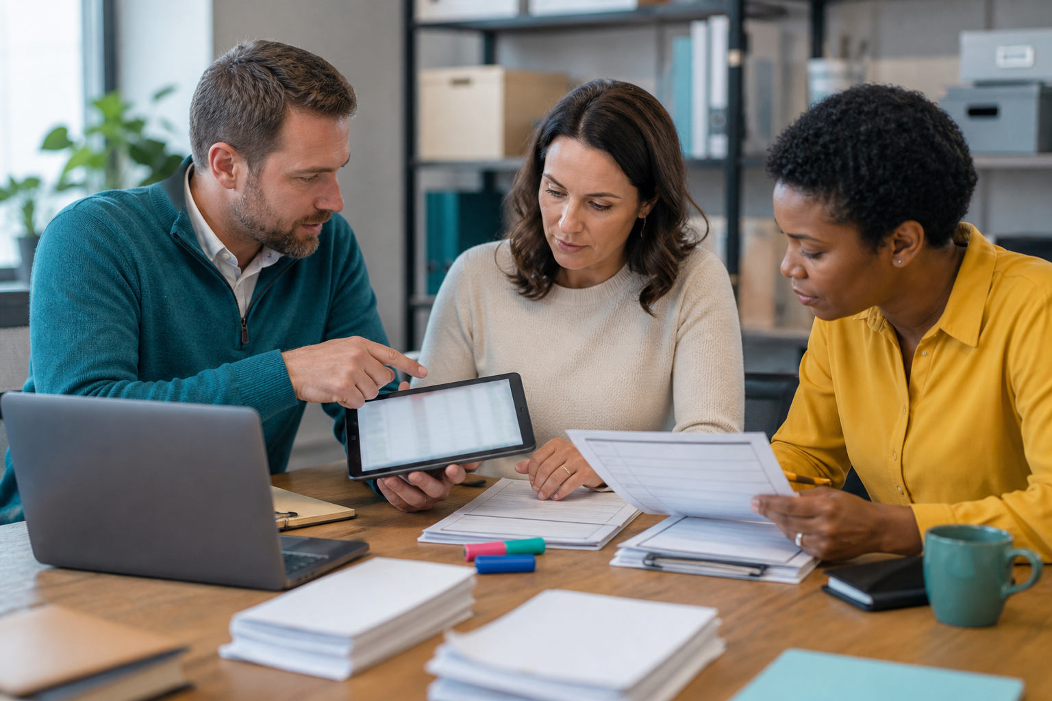 Small business team reviewing hidden AI automation implementation costs with blurred forms and tablet