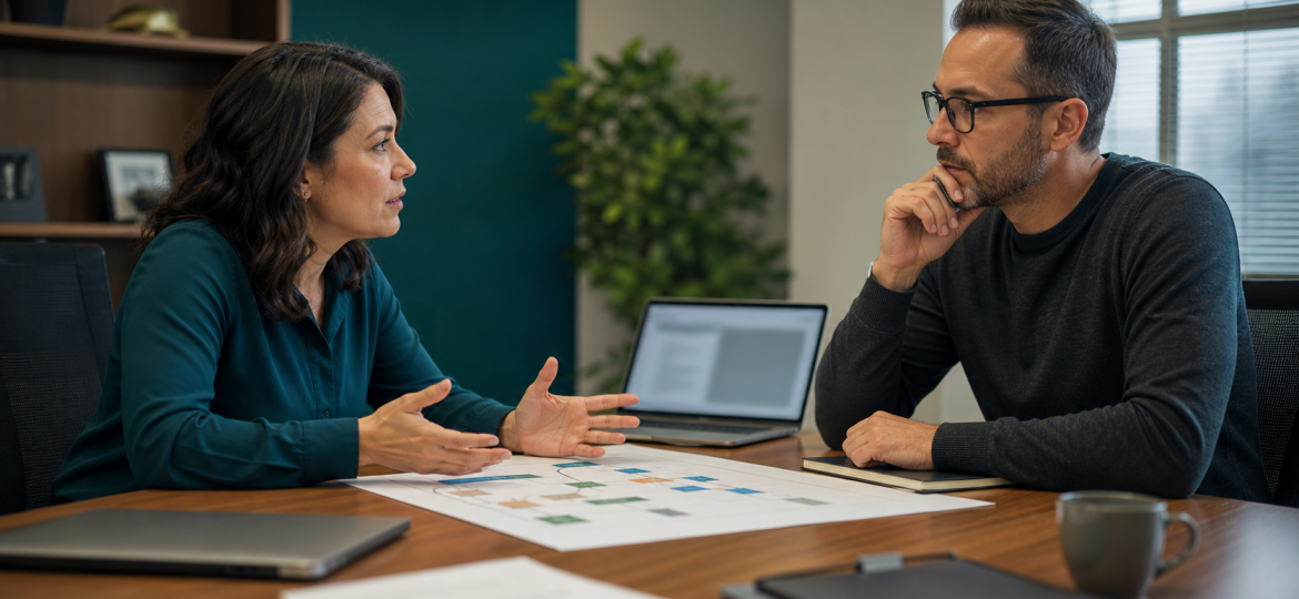 Small business owner interviewing an AI automation consultant before deciding what workflow to improve first