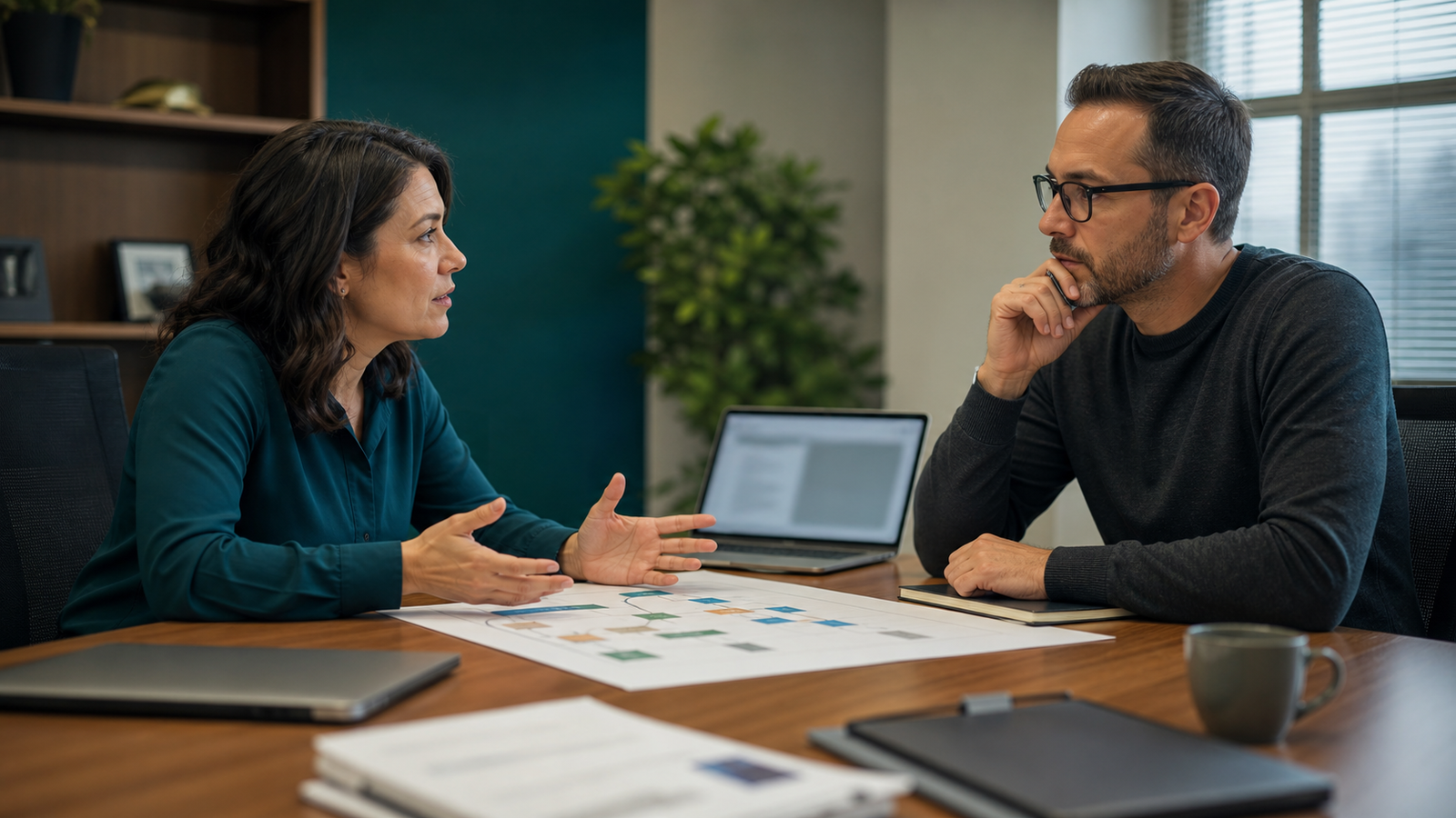 Small business owner interviewing an AI automation consultant before deciding what workflow to improve first