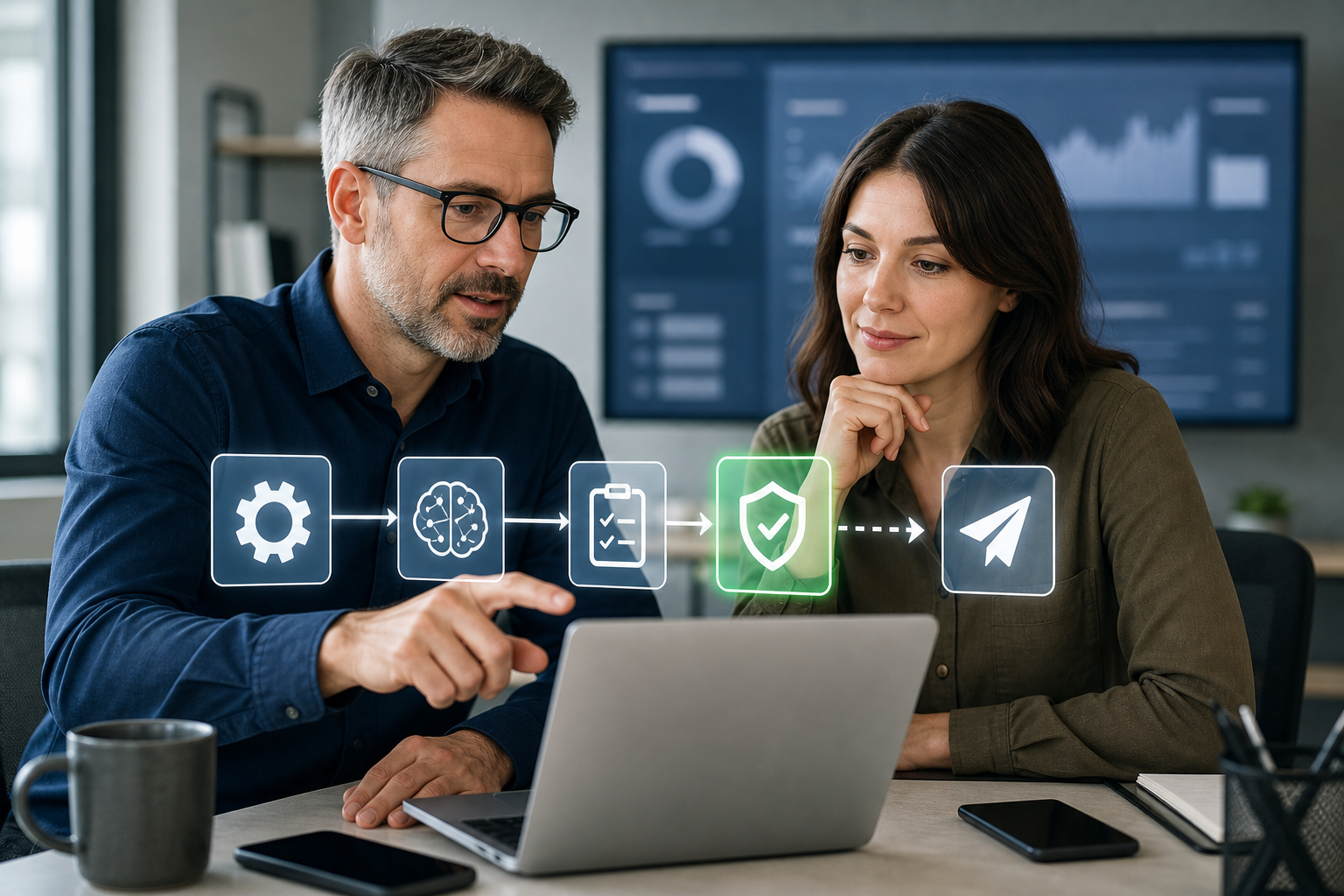 Office manager reviewing an AI-assisted workflow output before approving a customer-facing action