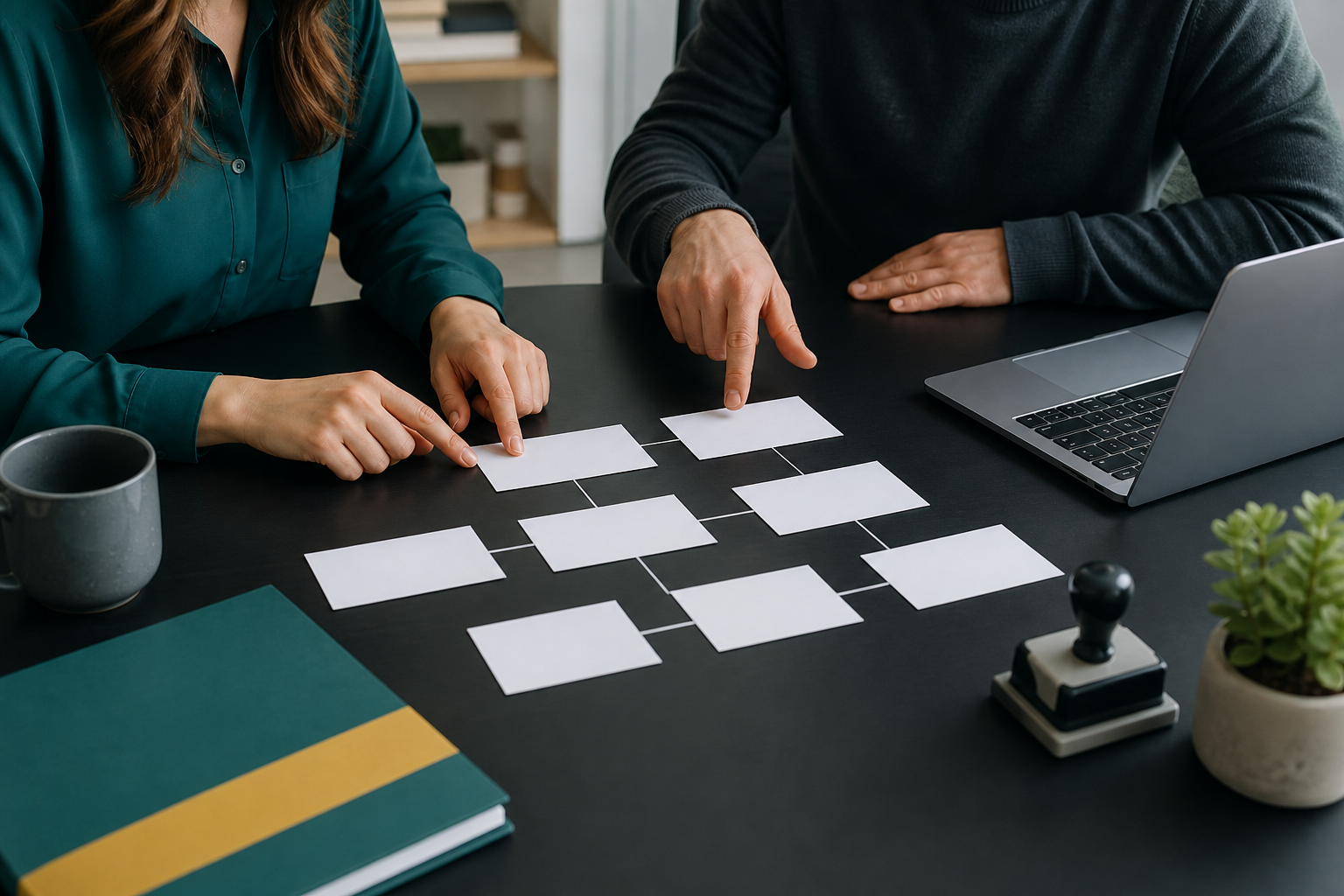 Small business team reviewing blank workflow cards to decide where human review is needed