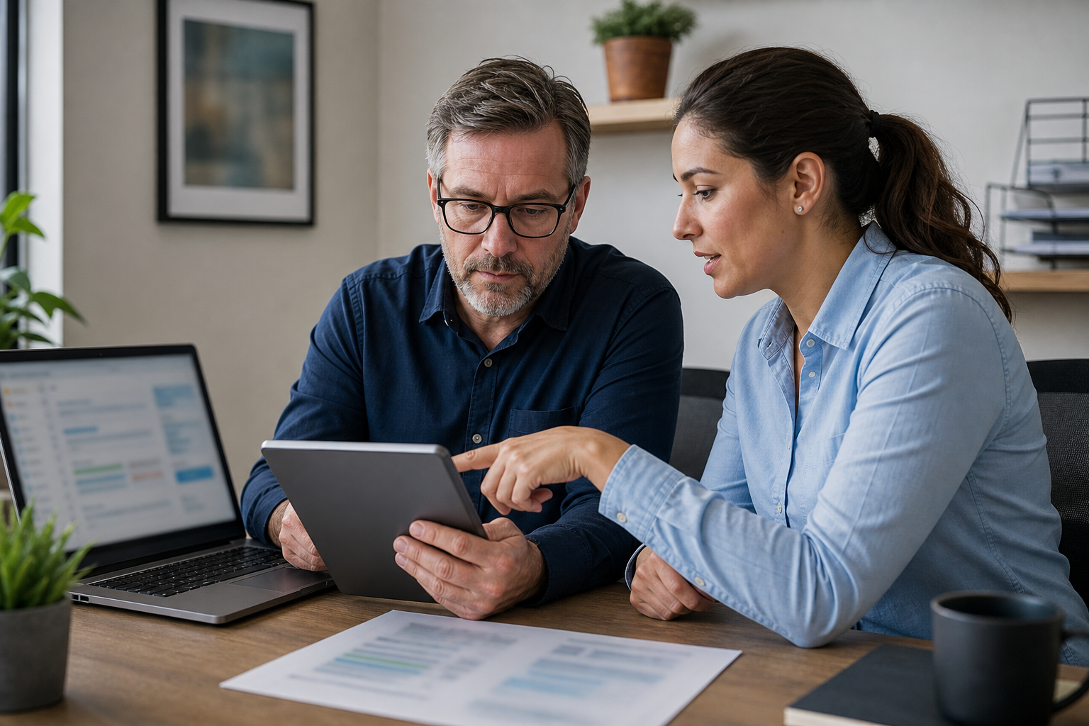 Small business owner and team lead reviewing an AI-prepared workflow output before customer approval