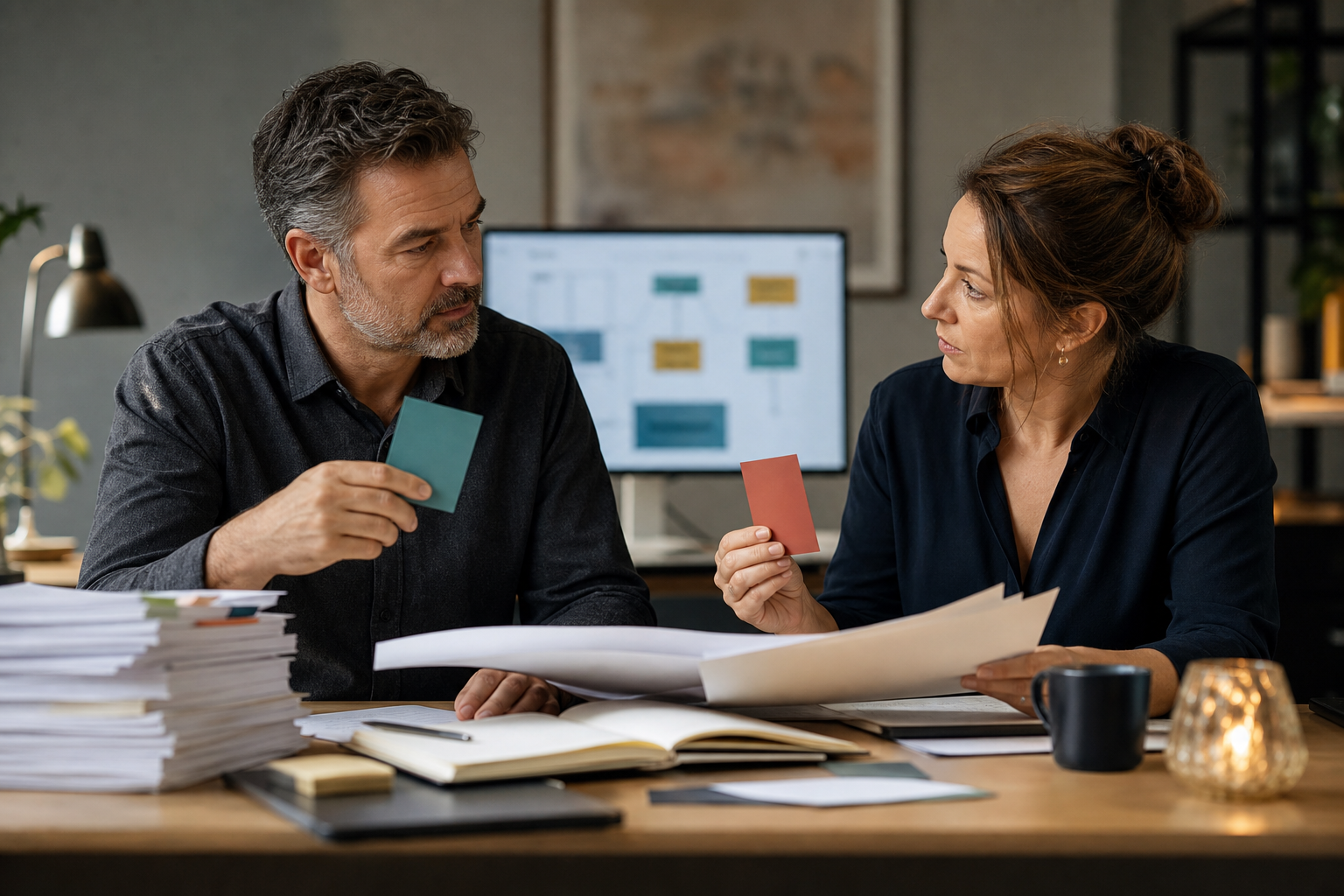 Small business owner and operations manager reviewing AI-prepared workflow output before customer use