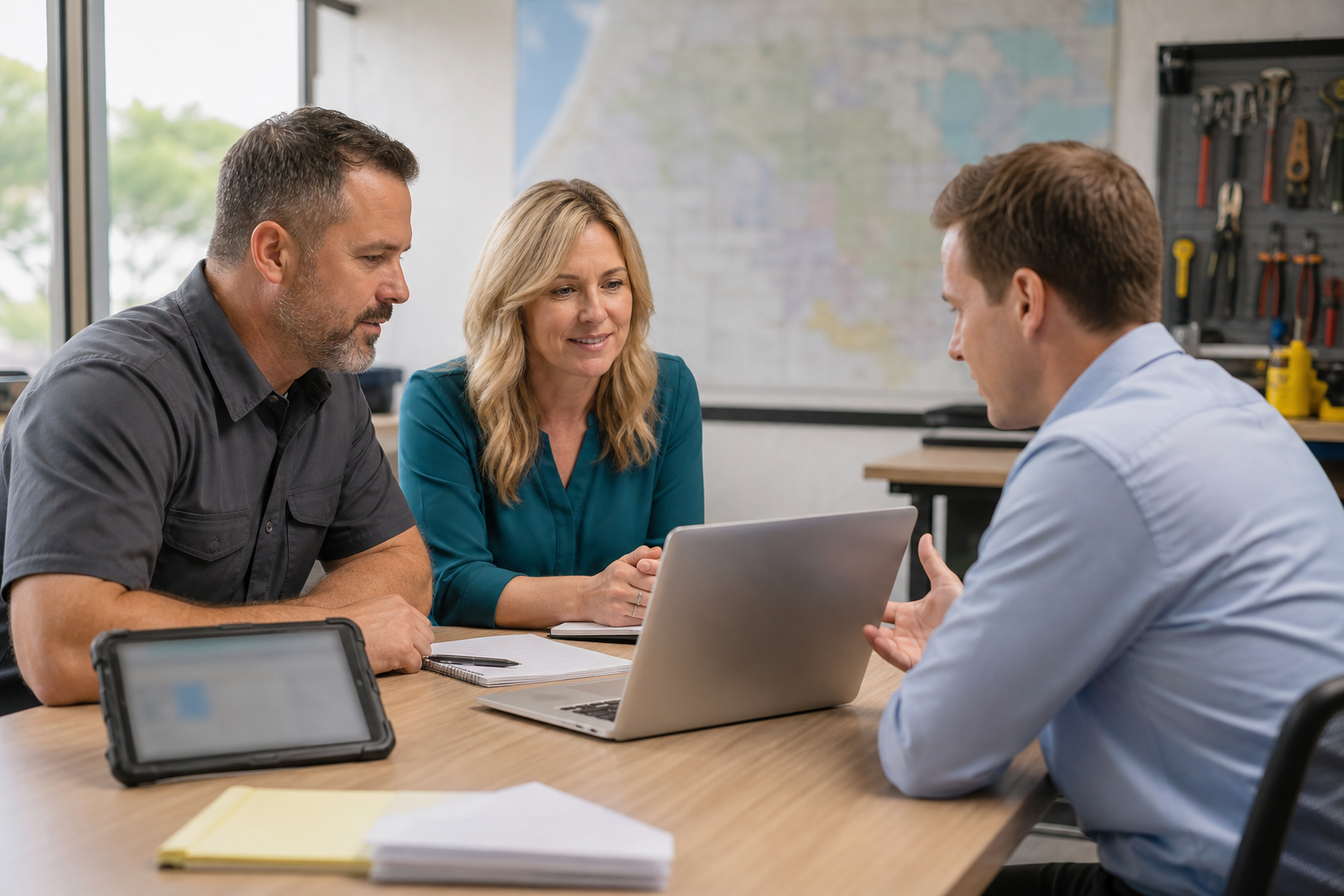 HVAC company owner and office manager reviewing service-area visibility for AI search