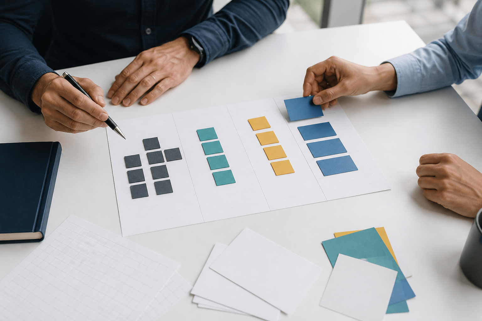 Blank impact scoring cards being reviewed by a small business team