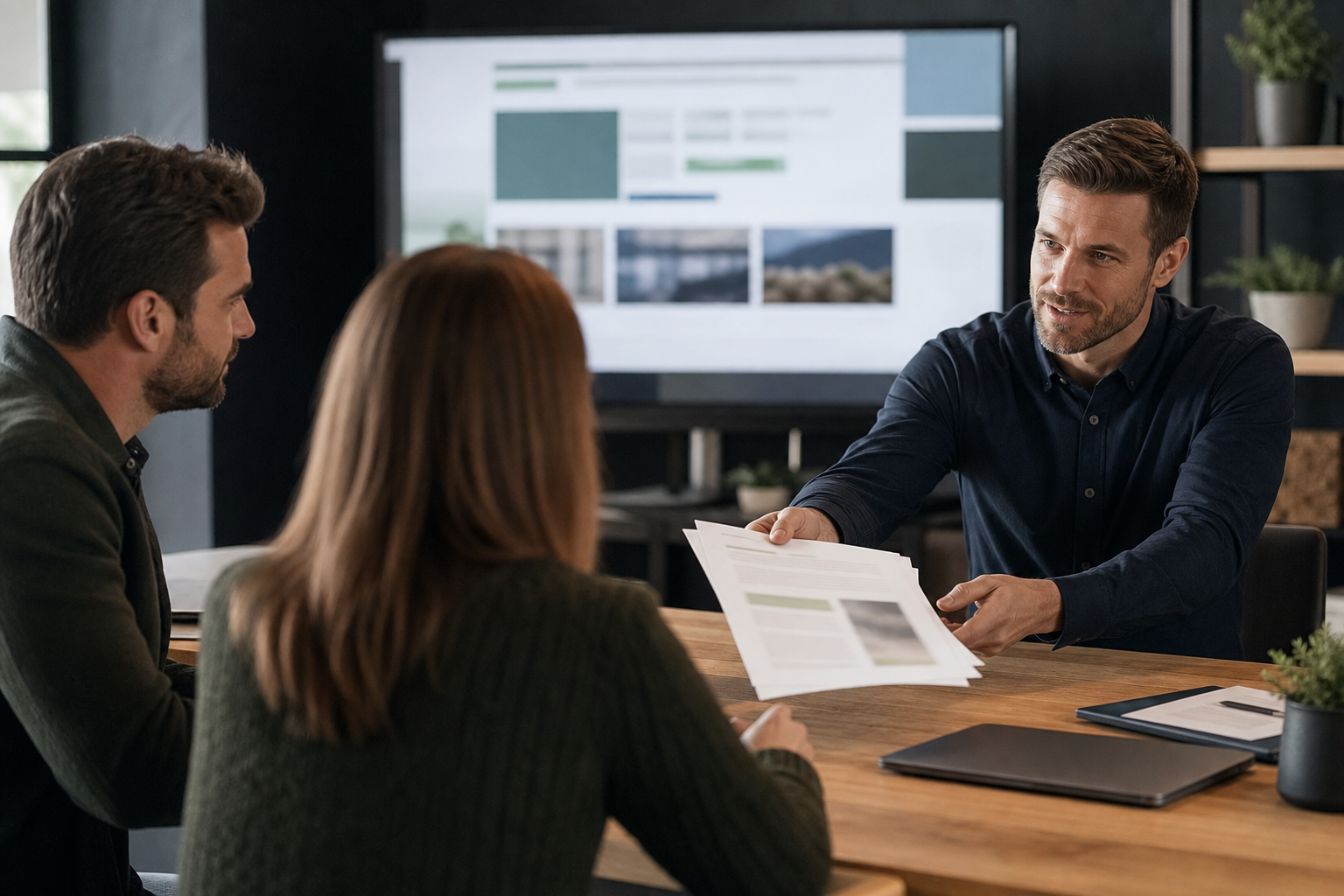 Advisor handing a practical AI search optimization action plan to a small business team
