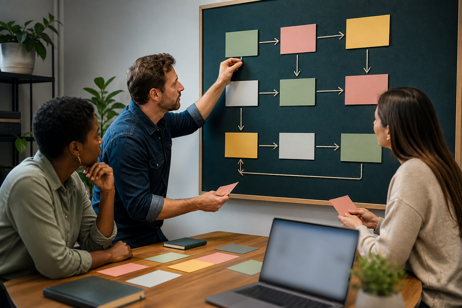 AI automation consultant and small business team planning implementation with blank workflow cards