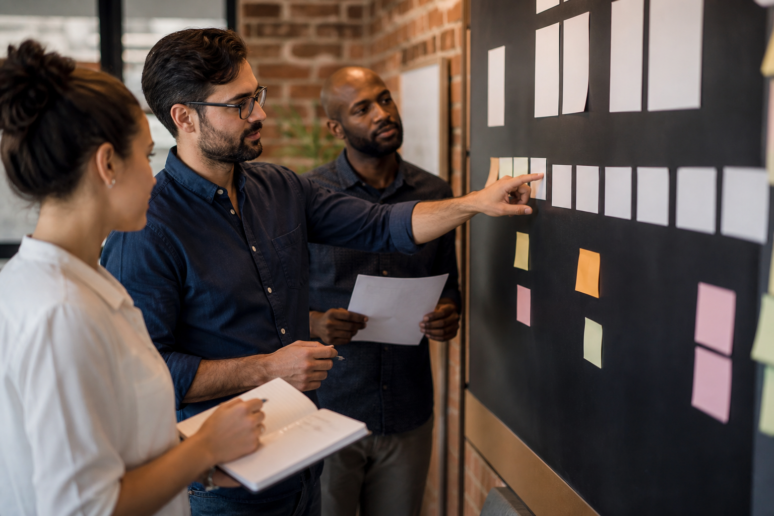 Small team reviewing AI automation implementation ownership with blank visual blocks