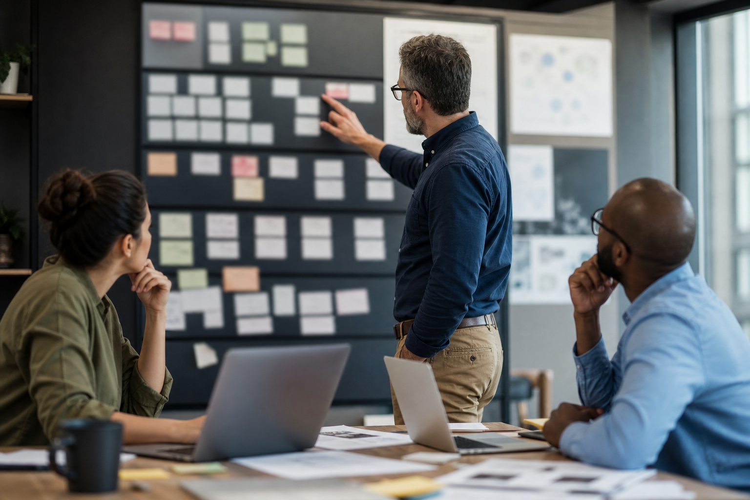 Small business team mapping internal AI automation capability and ownership with blurred workflow cards