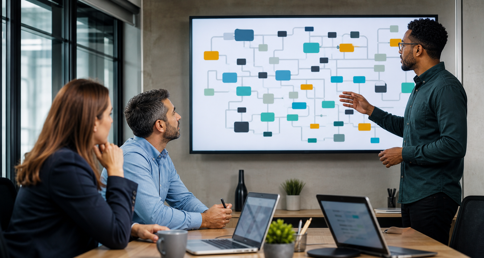 Operations team reviewing an abstract integration map across business systems before choosing an automation platform
