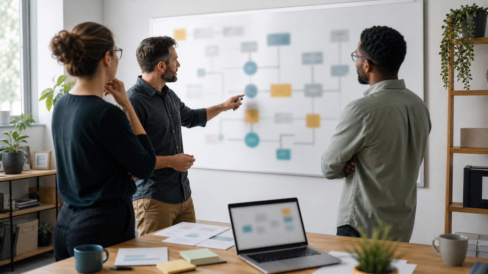 Small business operations team reviewing an abstract AI automation integration map with unreadable workflow cards