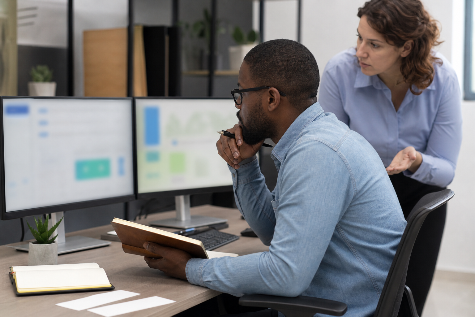 Internal automation specialist monitoring small business AI workflows with blurred dashboards