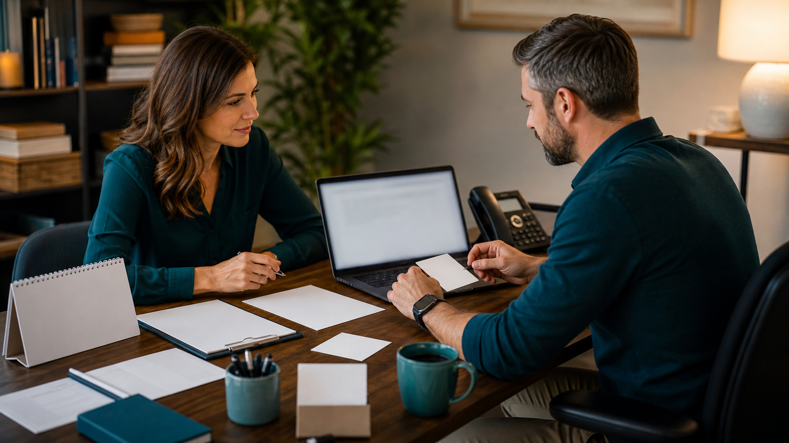 Small service business owner reviewing blank lead intake materials before an AI pilot