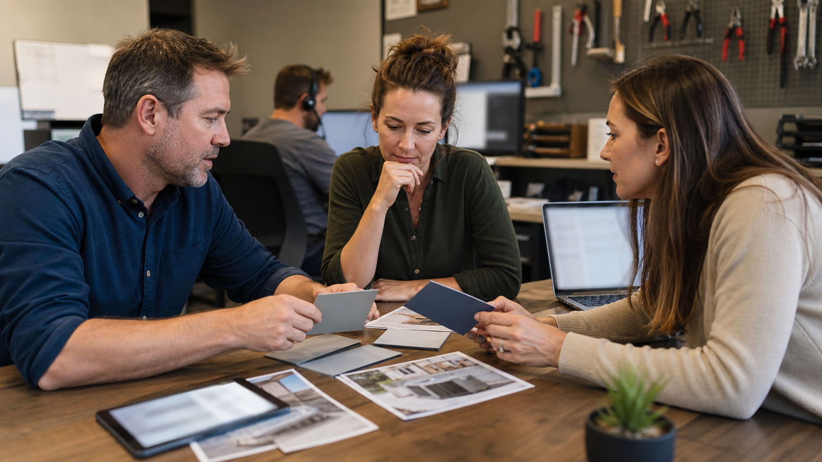 Local service business team reviewing real customer scenarios for original GEO content