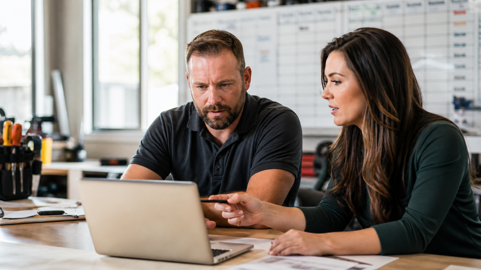 Home services business owner reviewing service FAQ content with a marketing advisor