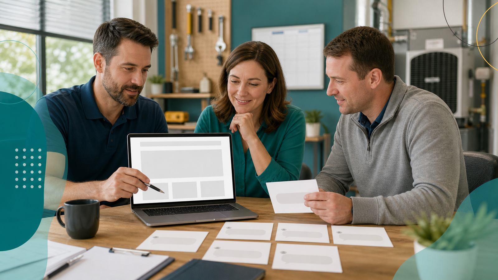 Local home services business owner and consultant reviewing a blank service page and customer question cards