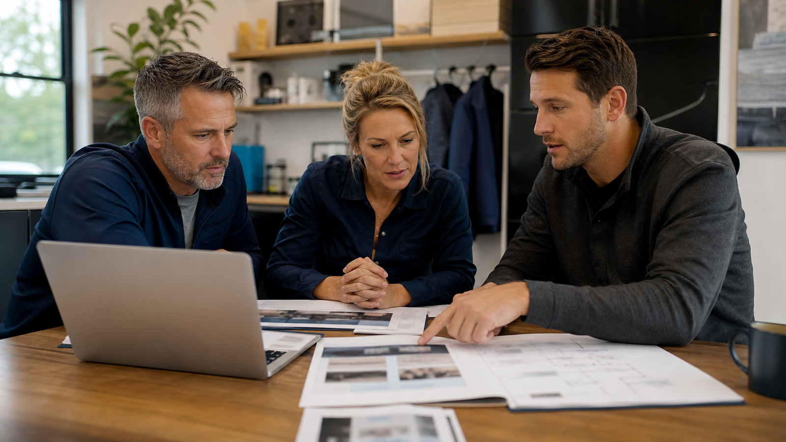 Local service business team reviewing abstract service pages for AI search visibility readiness