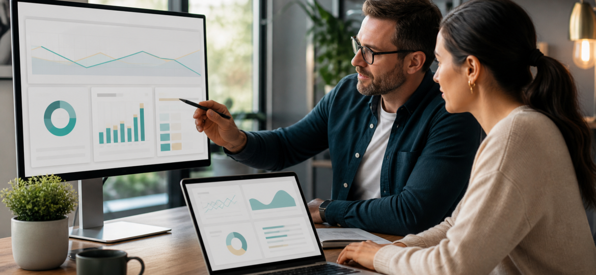 Business owner and consultant reviewing abstract AI Overview visibility charts without readable labels