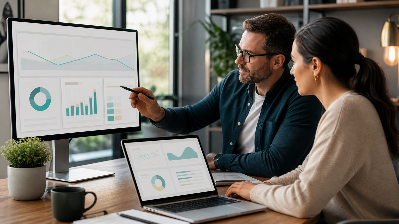 Business owner and consultant reviewing abstract AI Overview visibility charts without readable labels