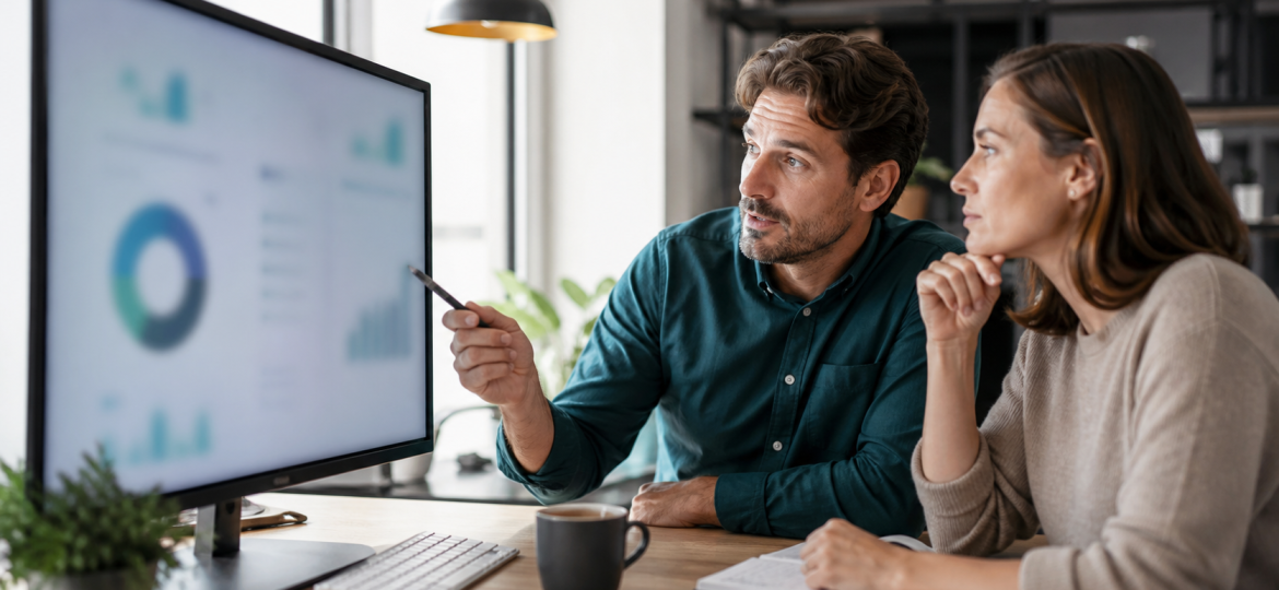 Small business owner and advisor reviewing an abstract GEO performance scorecard